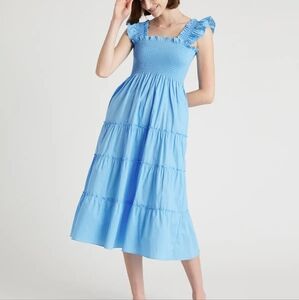 Quince Organic 100 %Cotton Smocked Midi Dress Tiered Skirt - Cornflower Blue